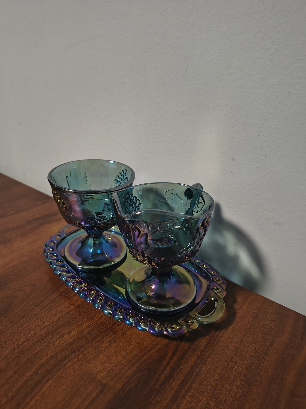 3 Piece Indiana Glass Harvest Grape Blue Carnival Sugar Creamer Set with Tray
